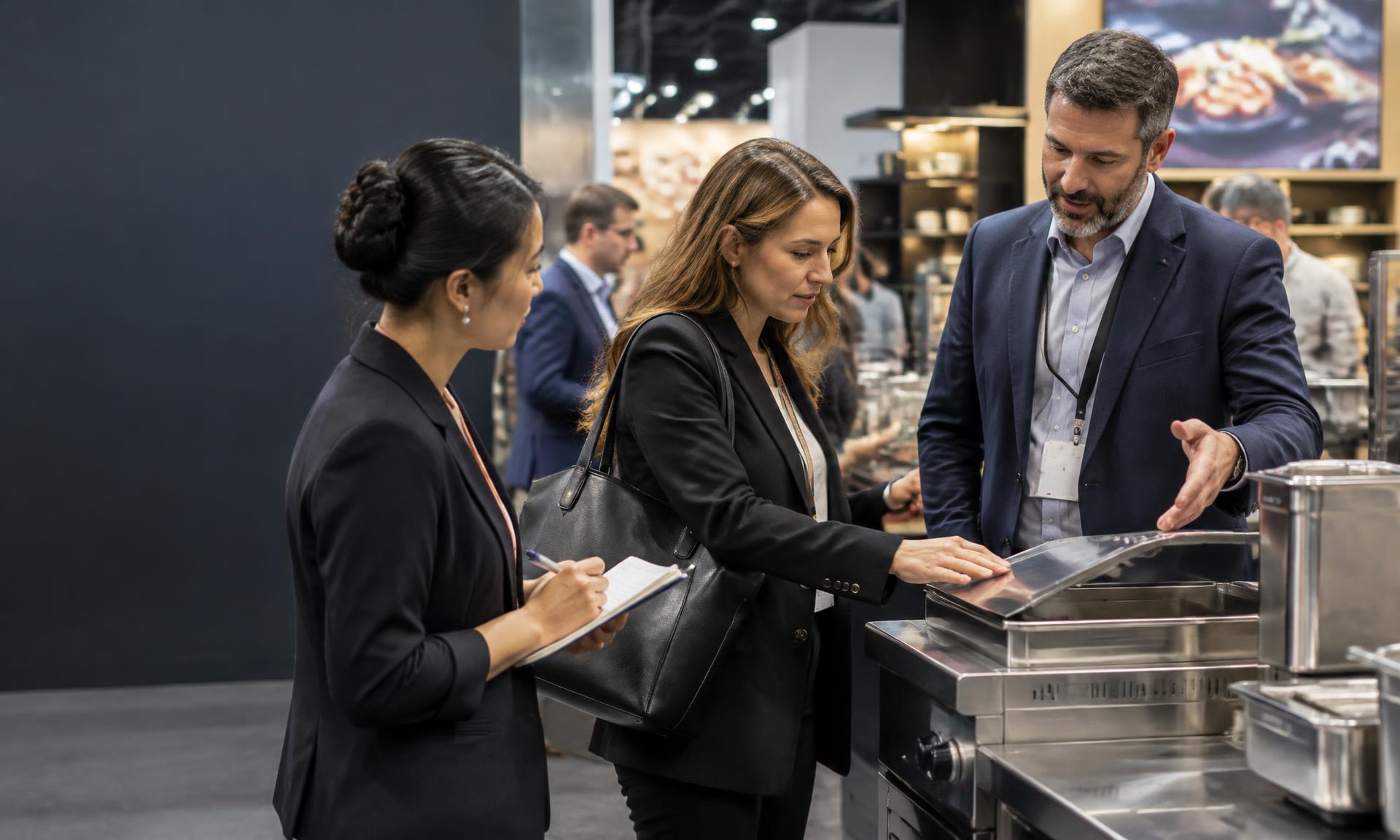 Illustrative hospitality buyers discussing commercial kitchen equipment